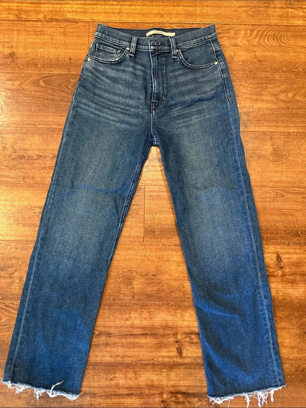 Hudson Jeans Straight-Leg Dark Blue Denim with Frayed Hem